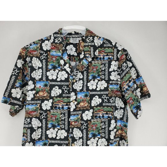T.O. Hawaiian Designs Shirt Men's Size XL Black Cars Floral - Picture 2 of 7